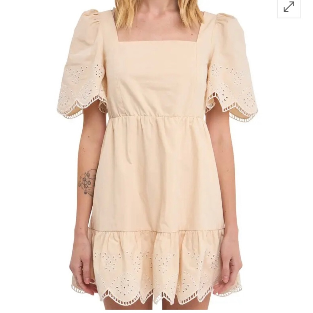 ENGLISH FACTORY
Women's Embroidered Ruffle Square Neck Mini Dress In Beige Small